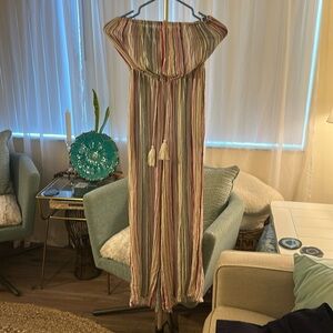 Elan Strapless Jumpsuit Striped Multicolor Waist Cinch Size Small No flaws worn1